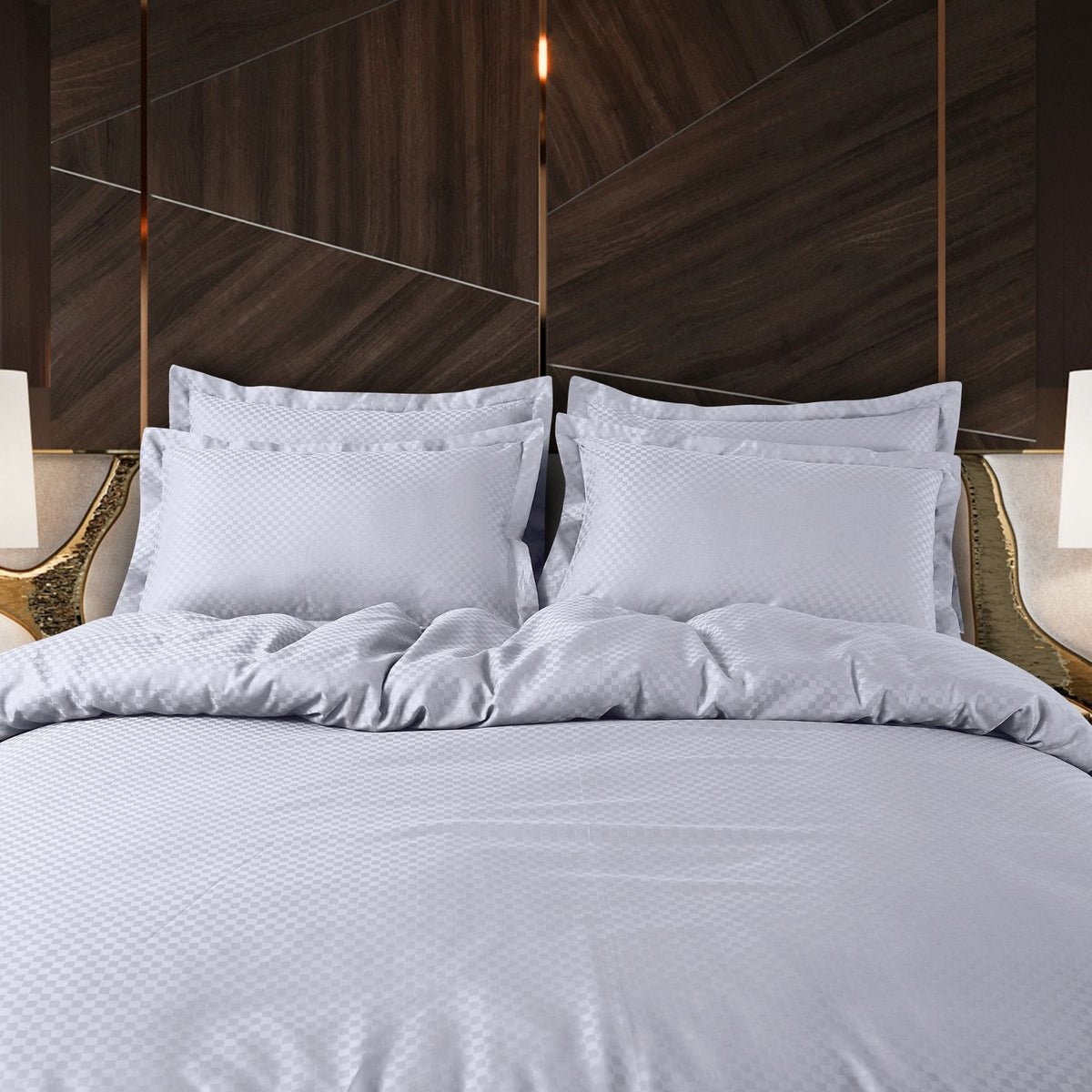 Malako Lyon Jacquard Silver Grey Checks 100% Cotton King Size Bedding Set