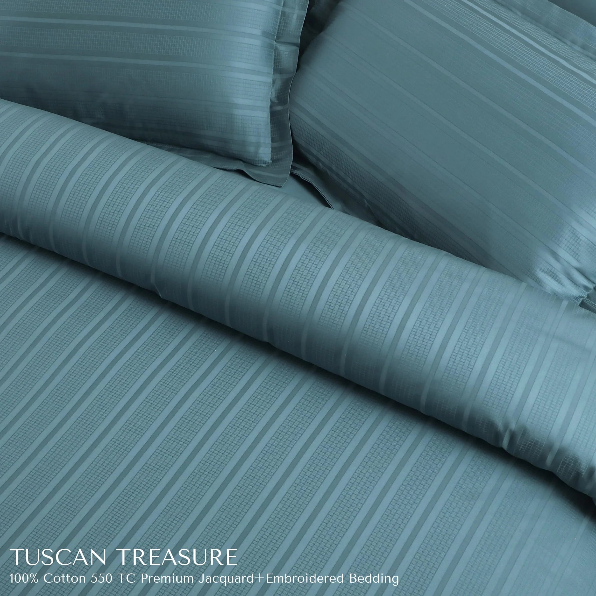 Malako Tuscan Treasure Striped Jacquard Teal Green 550 TC 100% Cotton King Size Duvet Cover Set
