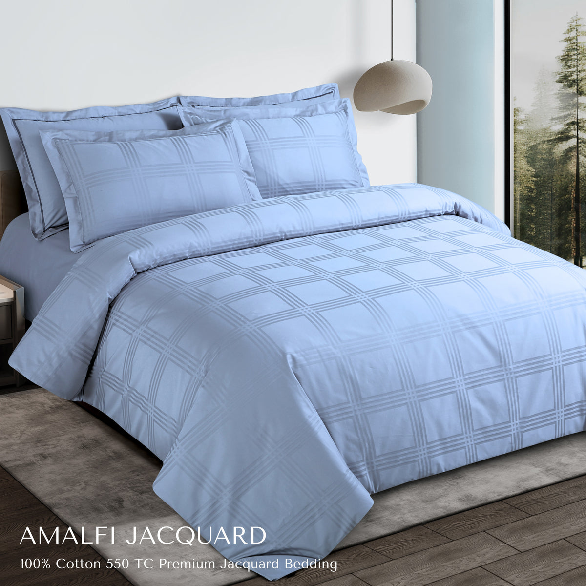 Malako Amalfi Jacquard Pigeon Blue Checks 550 TC 100% Cotton Duvet Cover