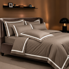 Malako Luxe Striped 550TC Taupe Brown 100% Cotton Super King Size Duvet Cover Set with Bedsheet and 4 Pillow Covers
