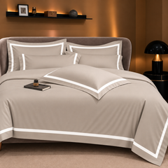 Malako Luxe Striped 550TC Beige 100% Cotton Super King Size Duvet Cover Set with Bedsheet and 4 Pillow Covers