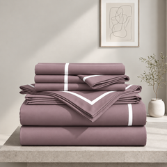 Malako Luxe Striped 550TC Mauve/Wine 100% Cotton Super King Size Duvet Cover Set with Bedsheet and 4 Pillow Covers