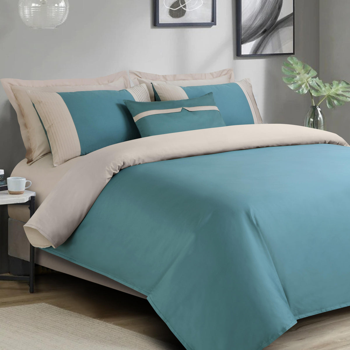 Malako Luxe Pintex 100% Cotton King Size 7 Piece Duvet Cover Set - Teal Green