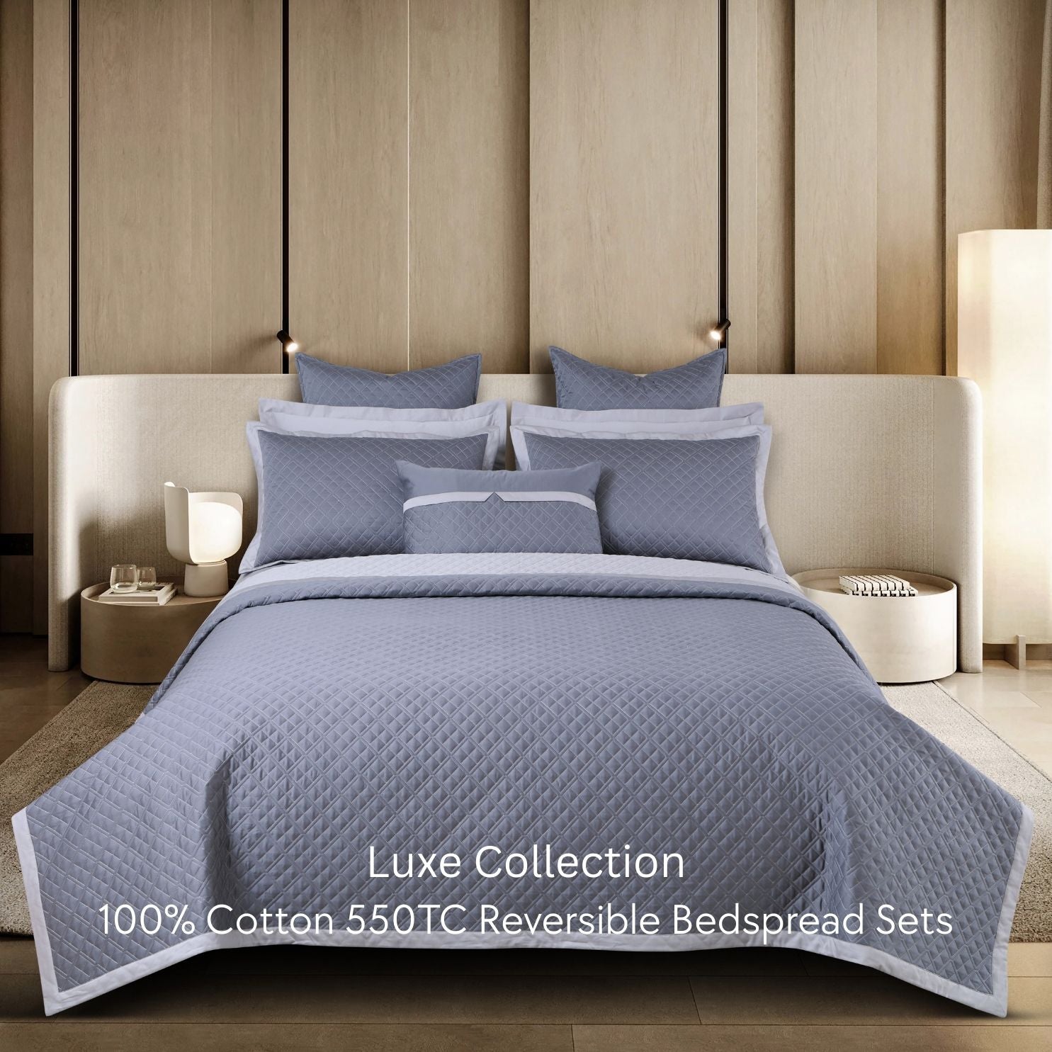 Malako Luxe 550 TC 100% Cotton Grey Solid King Size Reversible Bedspread Set