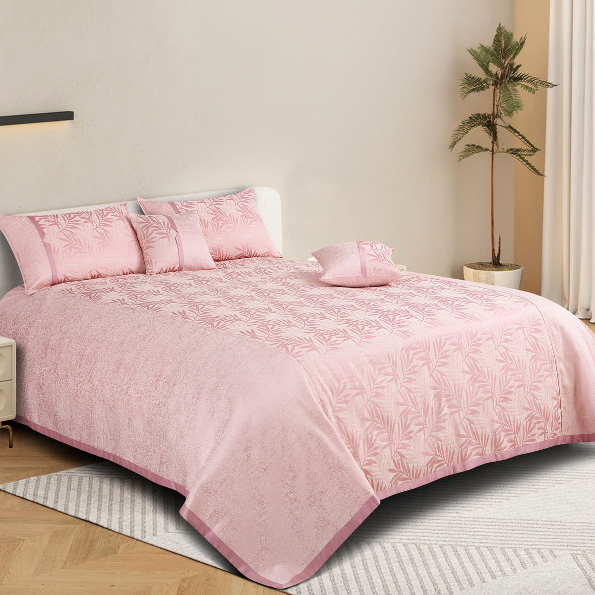 Malako Pink Jacquard King Size 5 Piece Bedspread Set