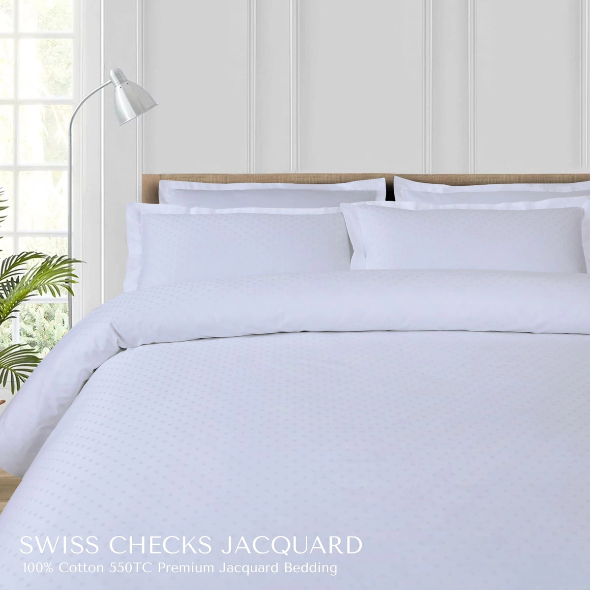 Malako Swiss Checks Jacquard Brilliant White 550 TC 100% Cotton King Size Bedding