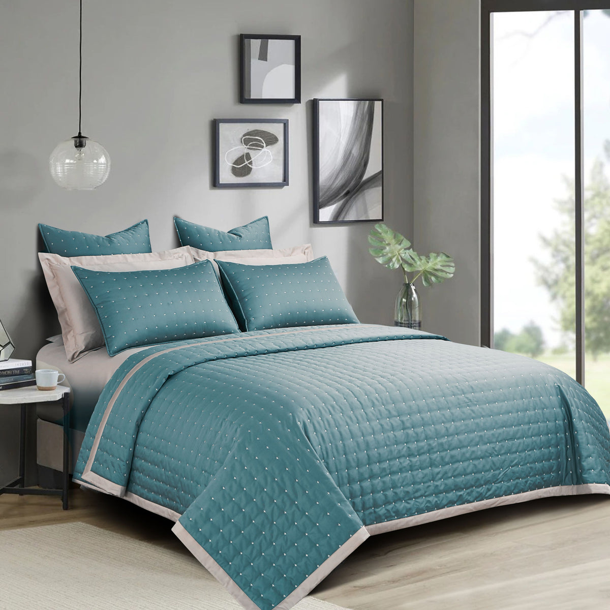 Malako Luxe 550 TC 100% Cotton Teal Green Solid King Size Bedspread Set