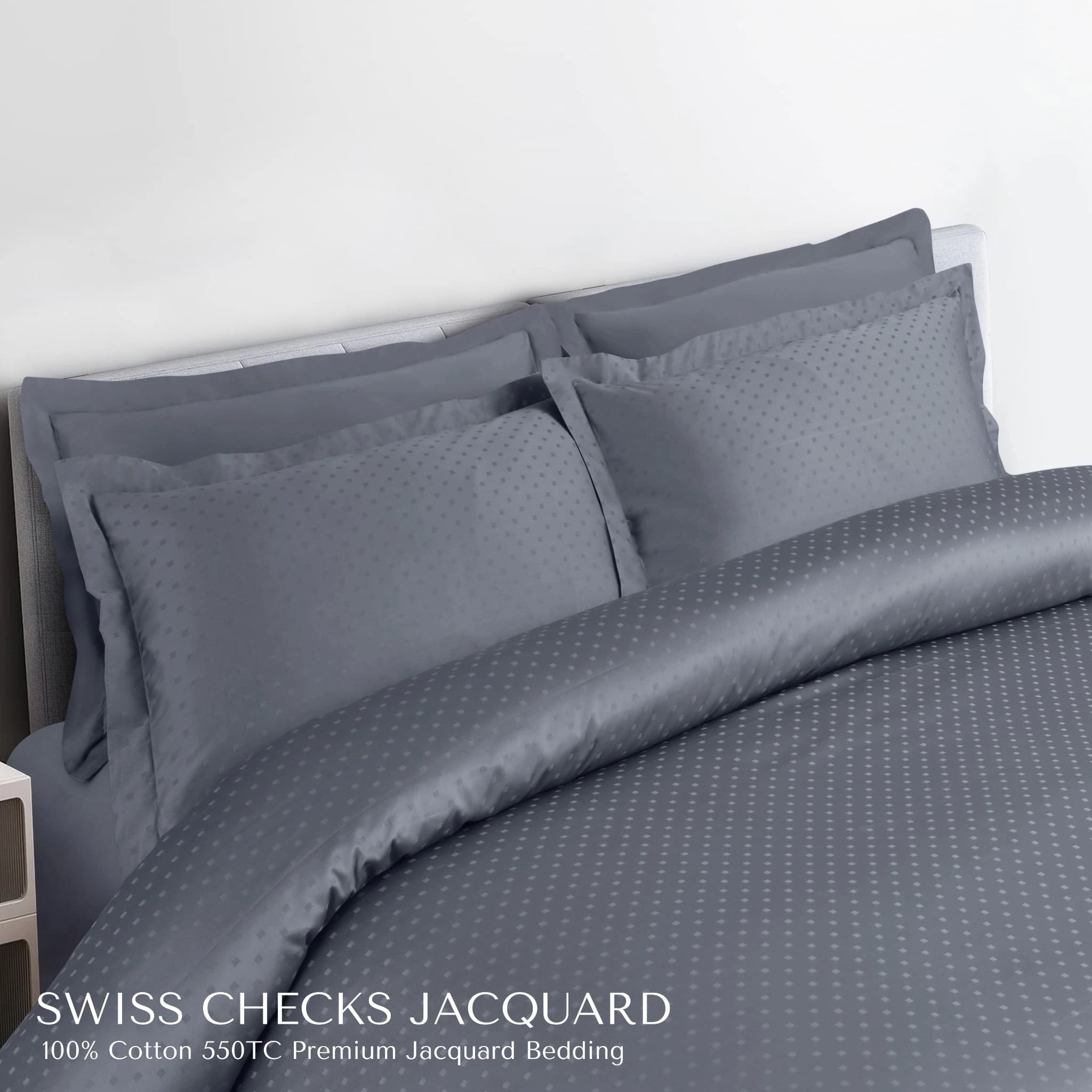 Malako Swiss Checks Jacquard Grey 550 TC 100% Cotton King Size 6 Piece Bedding Set