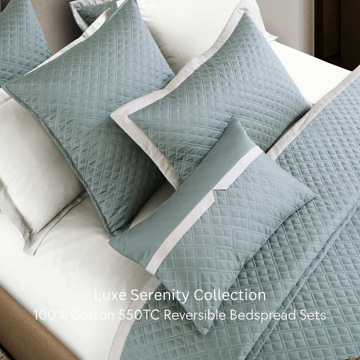 Malako Luxe: Serenity 550 TC 100% Cotton Olive Green & Beige Solid King Size Reversible Bedspread Set