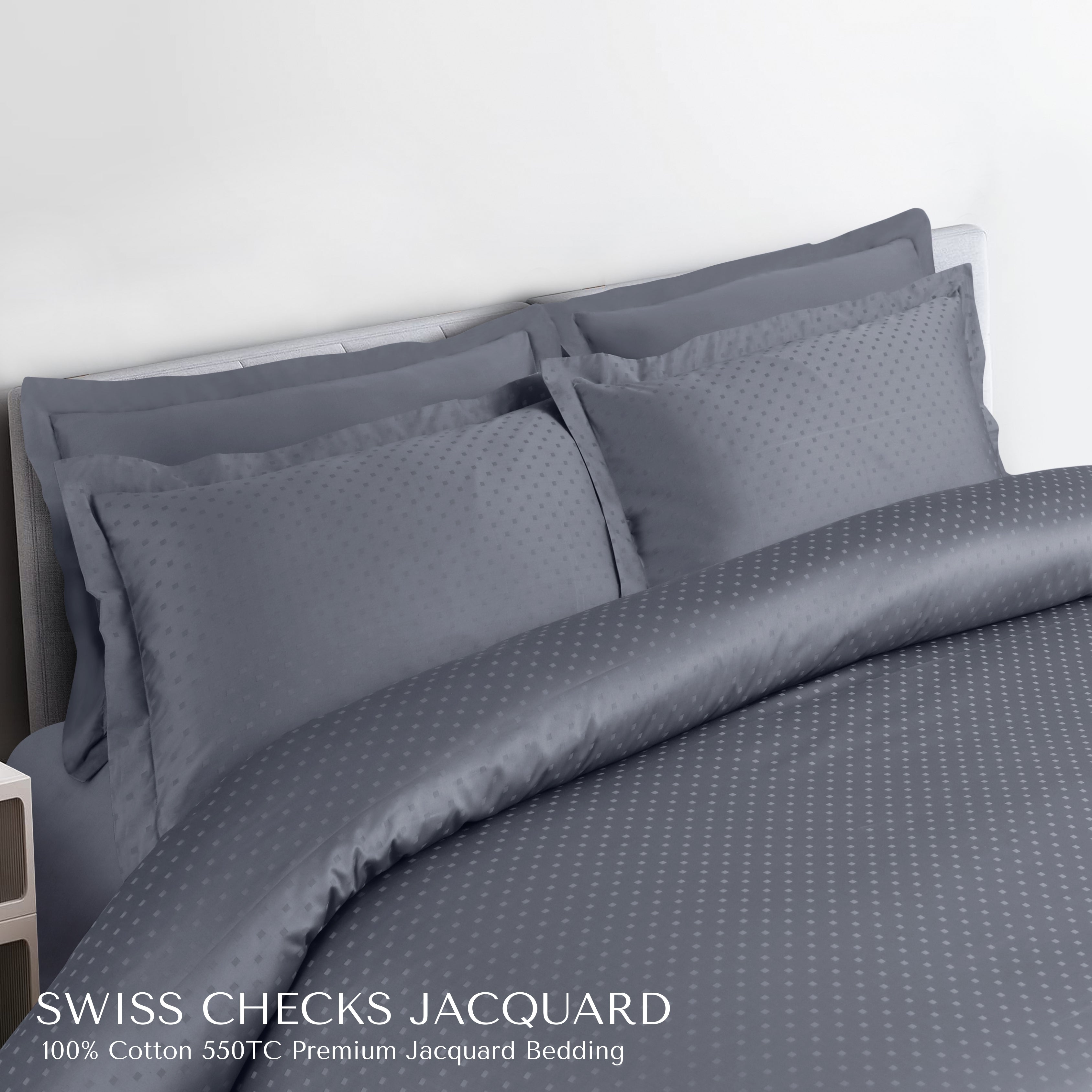 Malako Swiss Checks Jacquard Grey 550 TC 100% Cotton King Size 6 Piece Bedding Set