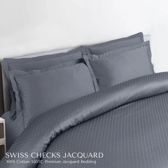 Malako Swiss Checks Jacquard Grey 550 TC 100% Cotton King Size Duvet Cover Set