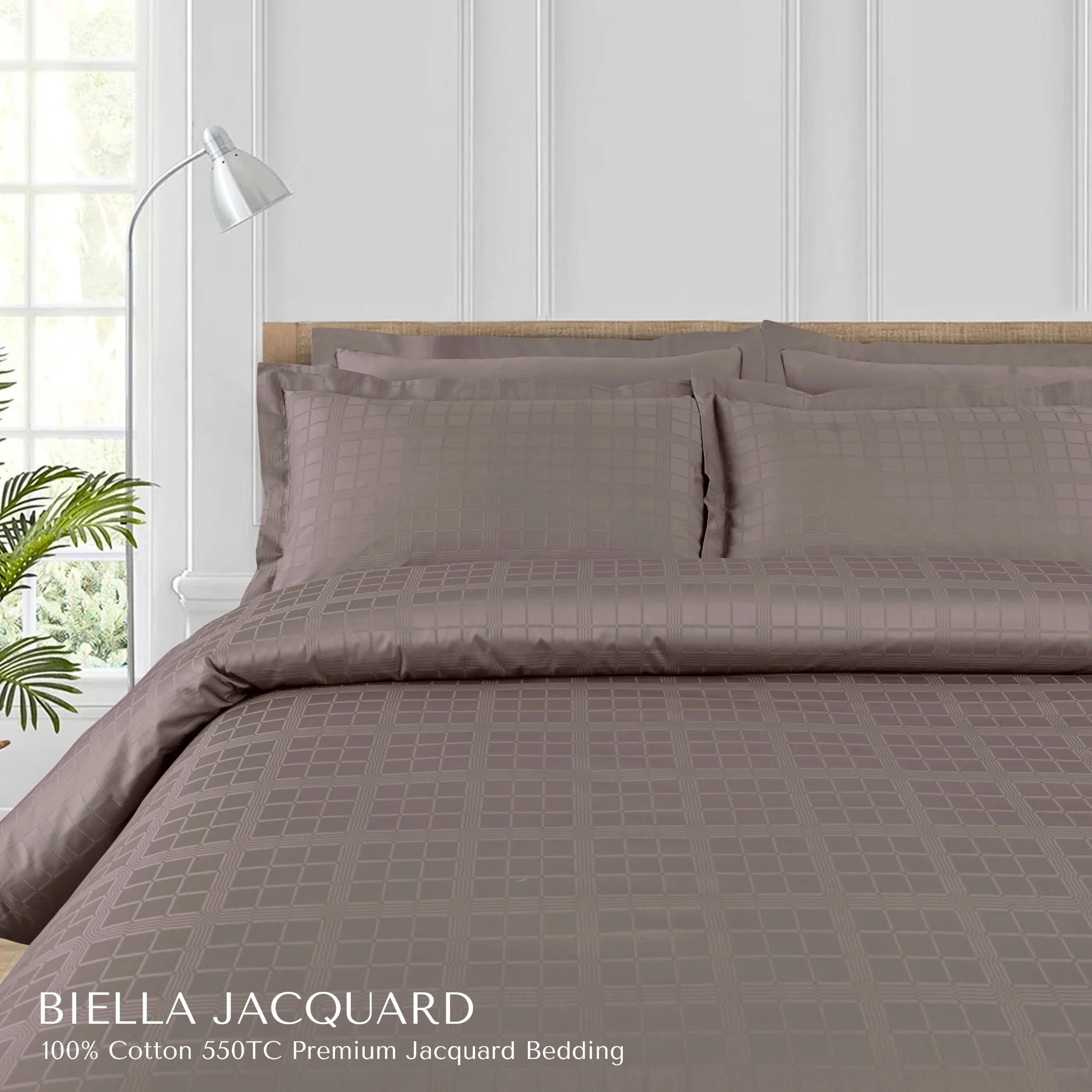 Malako Biella Jacquard Taupe Brown Checks 550 TC 100% Cotton King Size Bedding