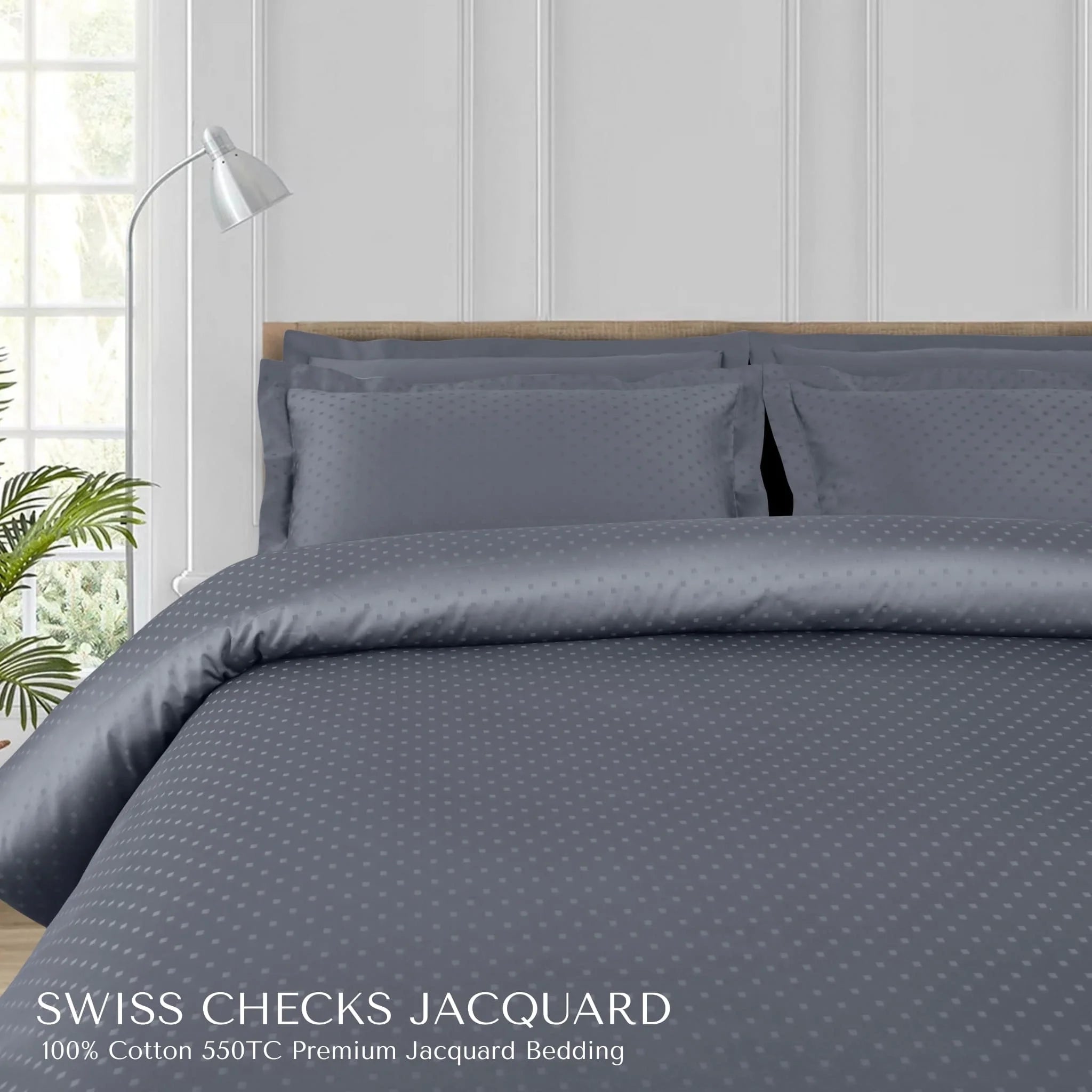 Malako Swiss Checks Jacquard Grey 550 TC 100% Cotton King Size Duvet Cover Set