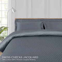 Malako Swiss Checks Jacquard Grey 550 TC 100% Cotton King Size Duvet Cover Set