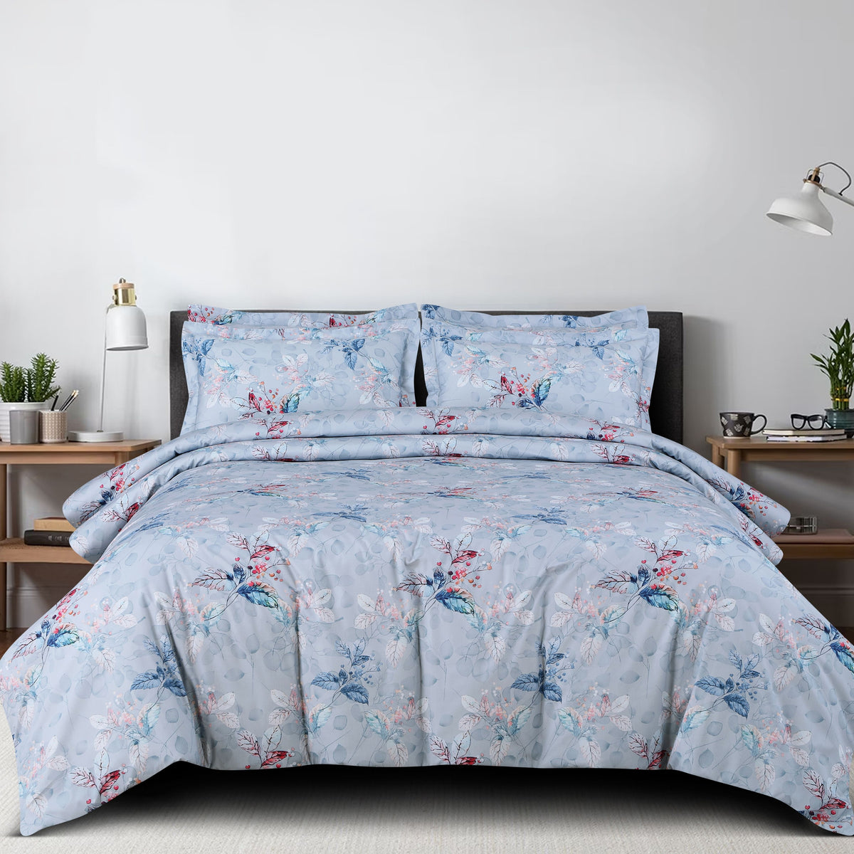 Malako Basel Blue Floral 100% Cotton King Size Bedding