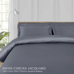 Malako Swiss Checks Jacquard Grey 550 TC 100% Cotton King Size 6 Piece Bedding Set