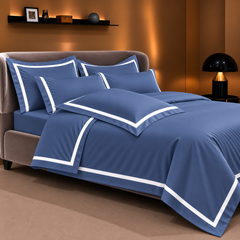 Malako Luxe Striped 550TC Midnight Blue 100% Cotton Super King Size Duvet Cover Set with Bedsheet and 4 Pillow Covers