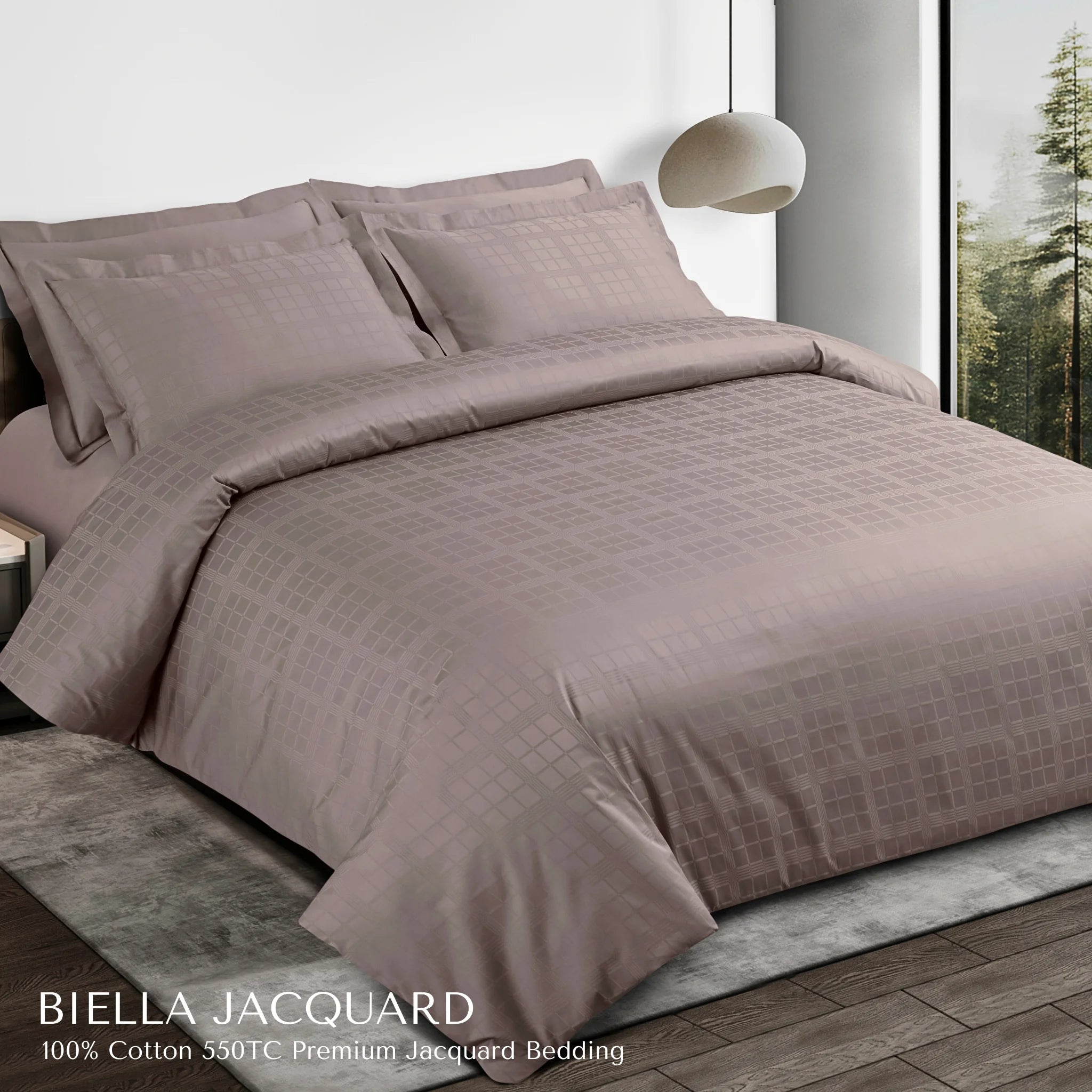 Malako Biella Jacquard Taupe Brown Checks 550 TC 100% Cotton King Size Bedding