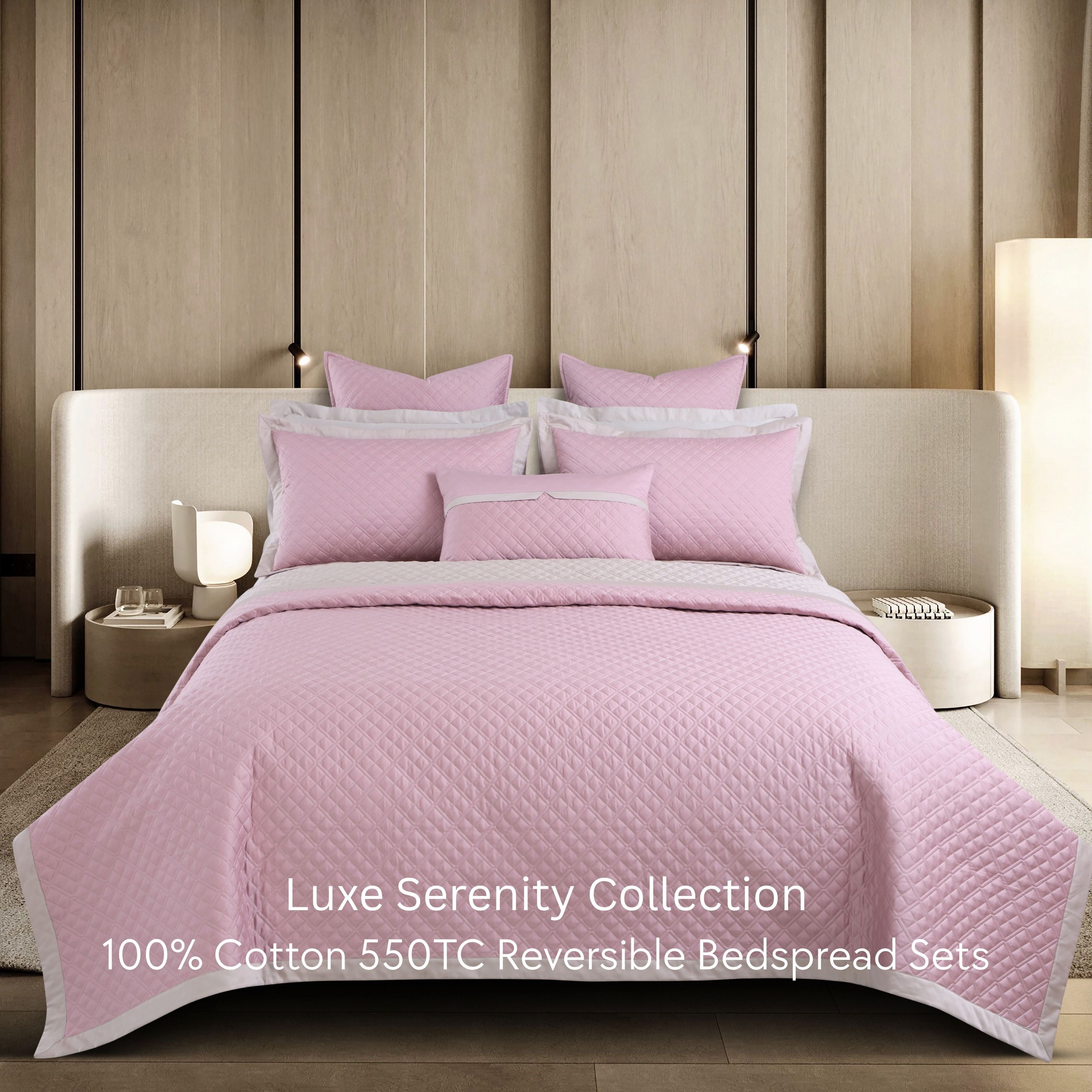 Malako Luxe: Serenity 550 TC 100% Cotton Pink & Beige Solid King Size Reversible Bedspread Set