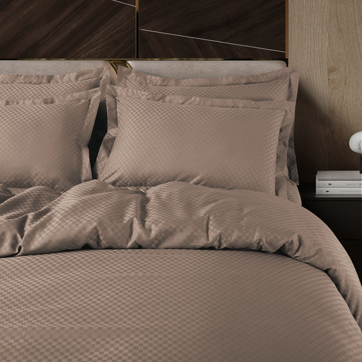 Lyon Jacquard Taupe Brown Checks 100% Cotton King Size Duvet Cover