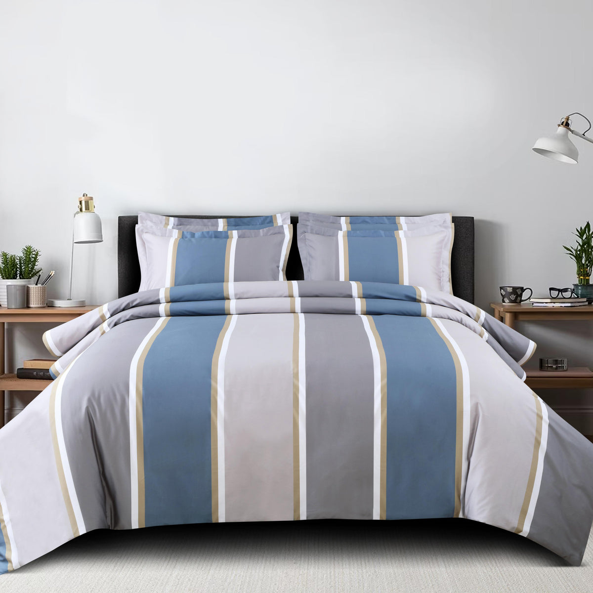 Malako Sion 100% Cotton Blue/Grey Geometrical King Size Bedding Set