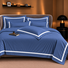 Malako Luxe Striped 550TC Midnight Blue 100% Cotton Super King Size Duvet Cover Set with Bedsheet and 4 Pillow Covers
