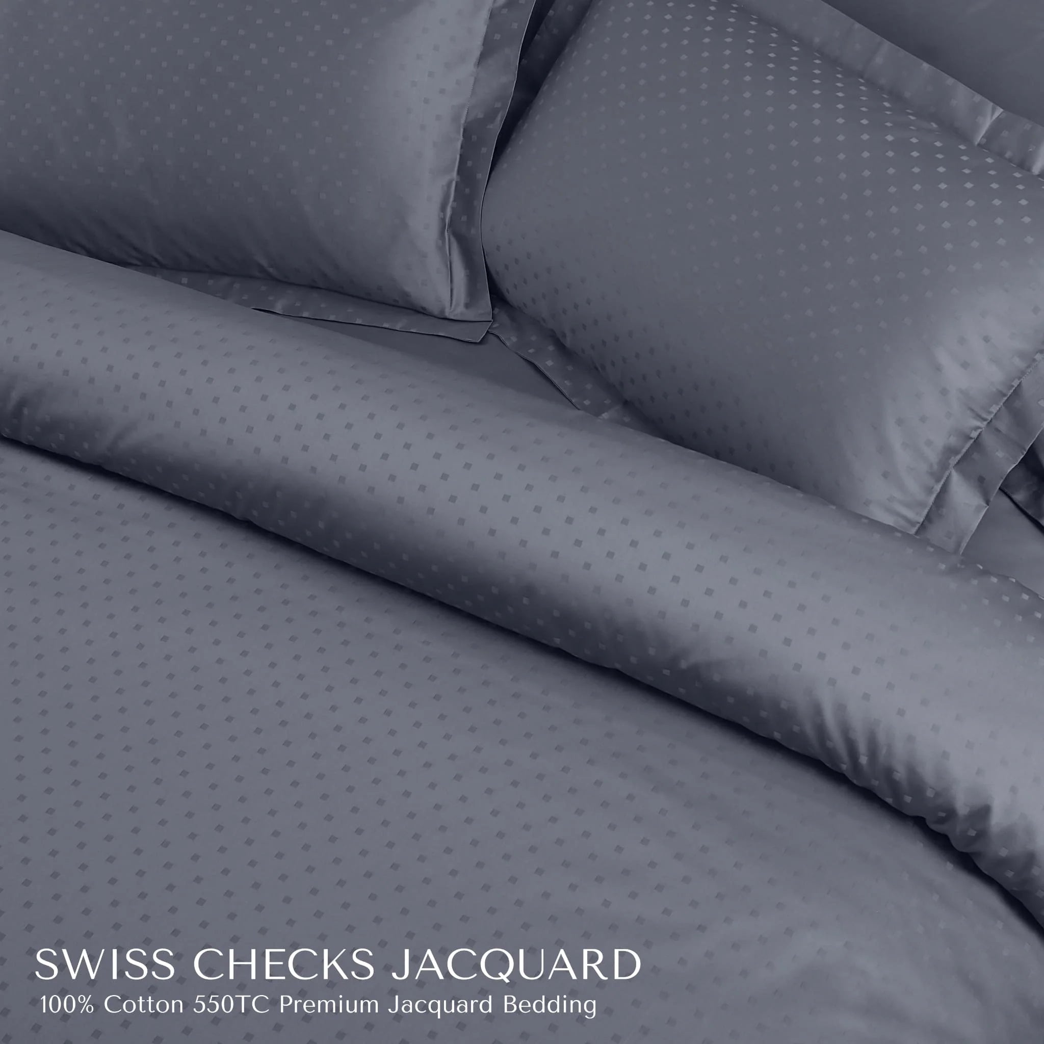 Malako Swiss Checks Jacquard Grey 550 TC 100% Cotton King Size Duvet Cover Set