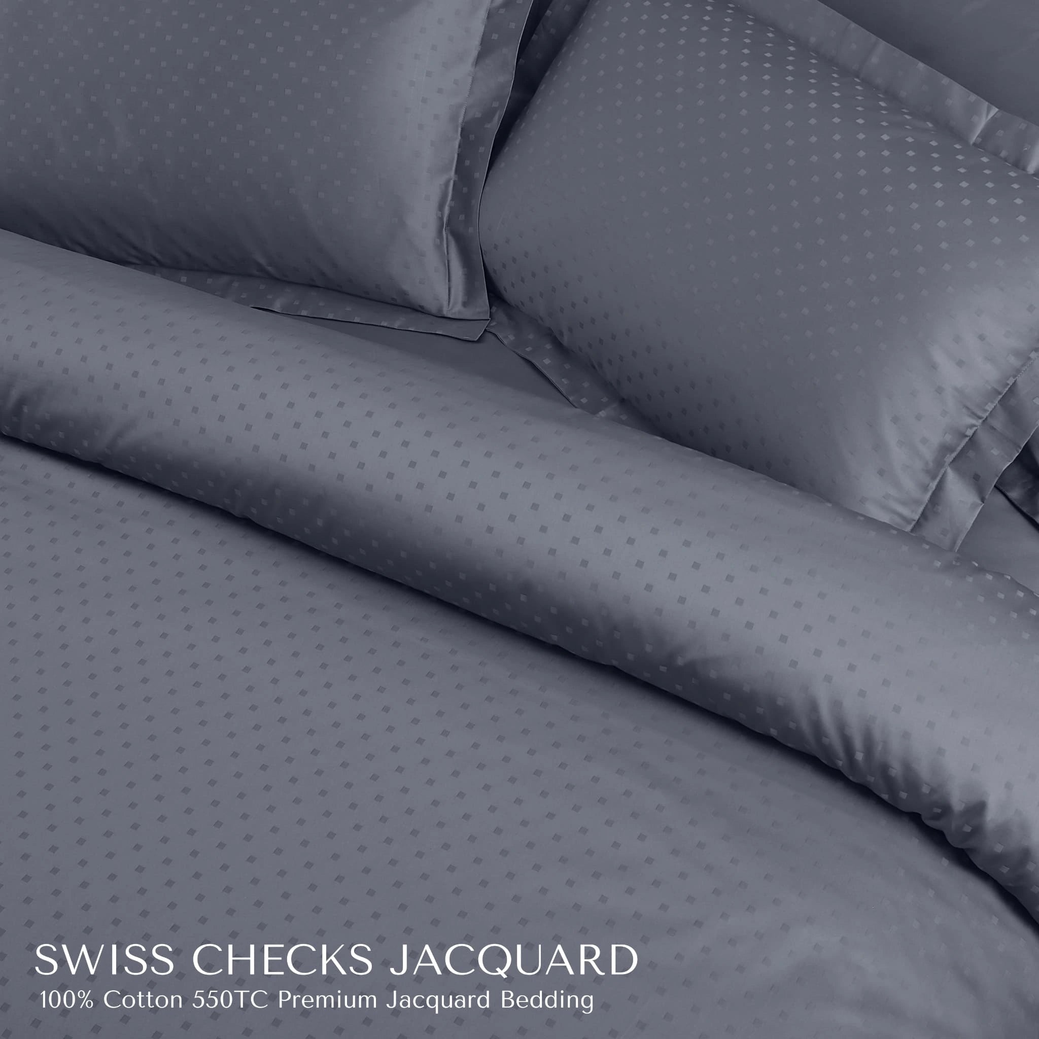 Malako Swiss Checks Jacquard Grey 550 TC 100% Cotton King Size 6 Piece Bedding Set