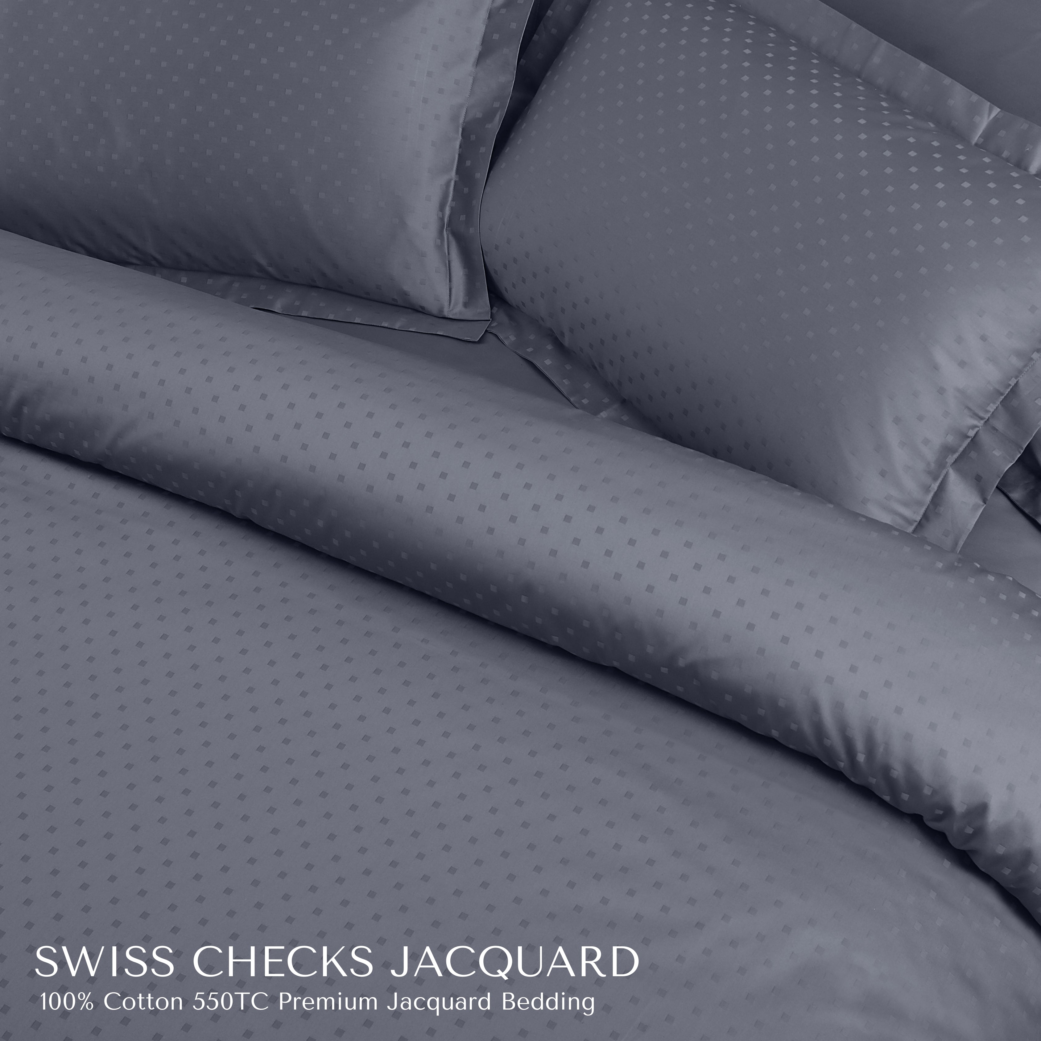 Malako Swiss Checks Jacquard Grey 550 TC 100% Cotton King Size 6 Piece Bedding Set