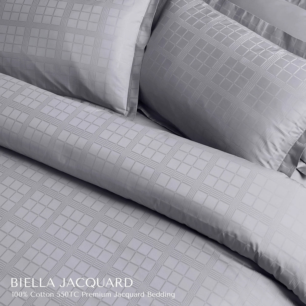 Malako Biella Jacquard Silver Grey Checks 550 TC 100% Cotton King Size Duvet Cover Set