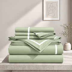 Malako Luxe Striped 550TC Sage Green 100% Cotton Super King Size Duvet Cover Set with Bedsheet and 4 Pillow Covers