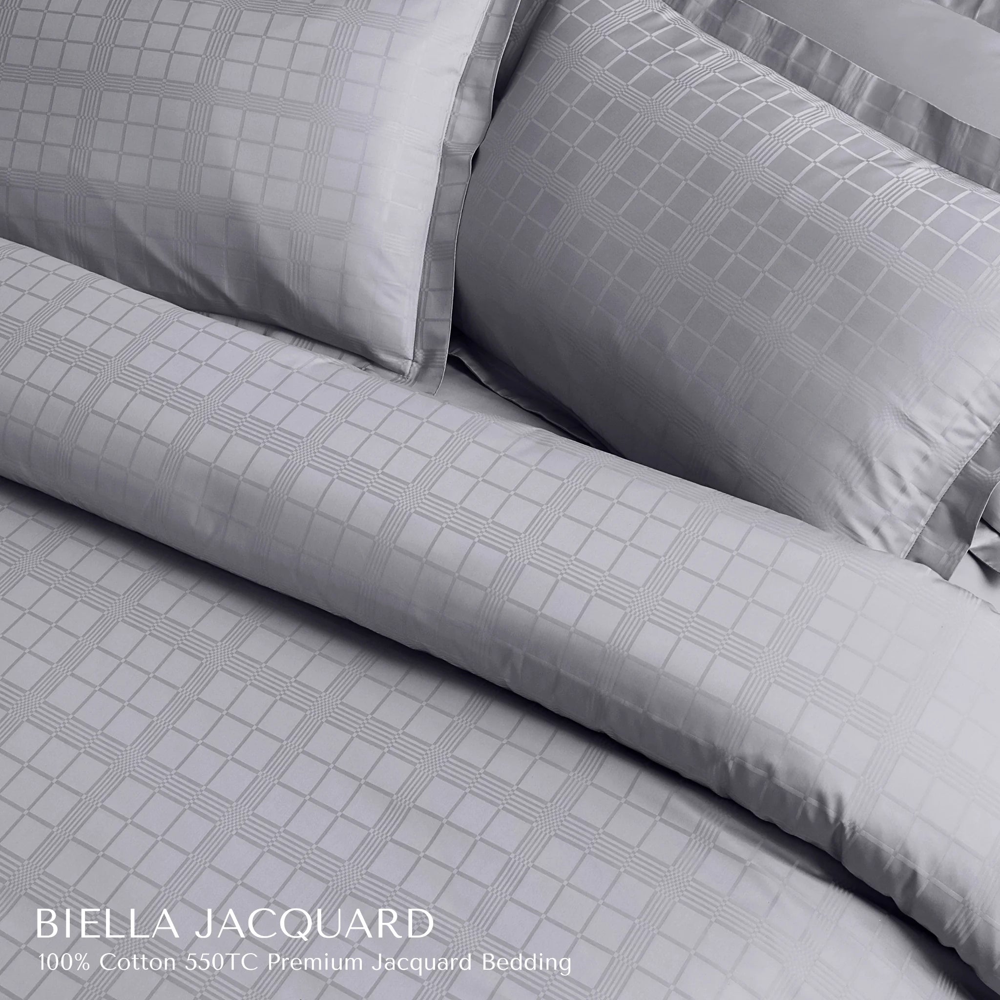 Malako Biella Jacquard Silver Grey Checks 550 TC 100% Cotton King Size 6 Piece Bedding Set