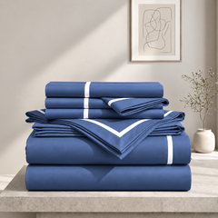 Malako Luxe Striped 550TC Midnight Blue 100% Cotton Super King Size Duvet Cover Set with Bedsheet and 4 Pillow Covers