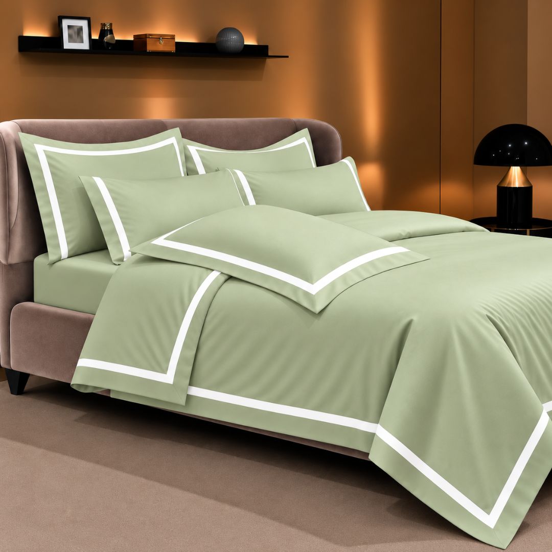 Malako Luxe Striped 550TC Sage Green 100% Cotton Super King Size Duvet Cover Set with Bedsheet and 4 Pillow Covers