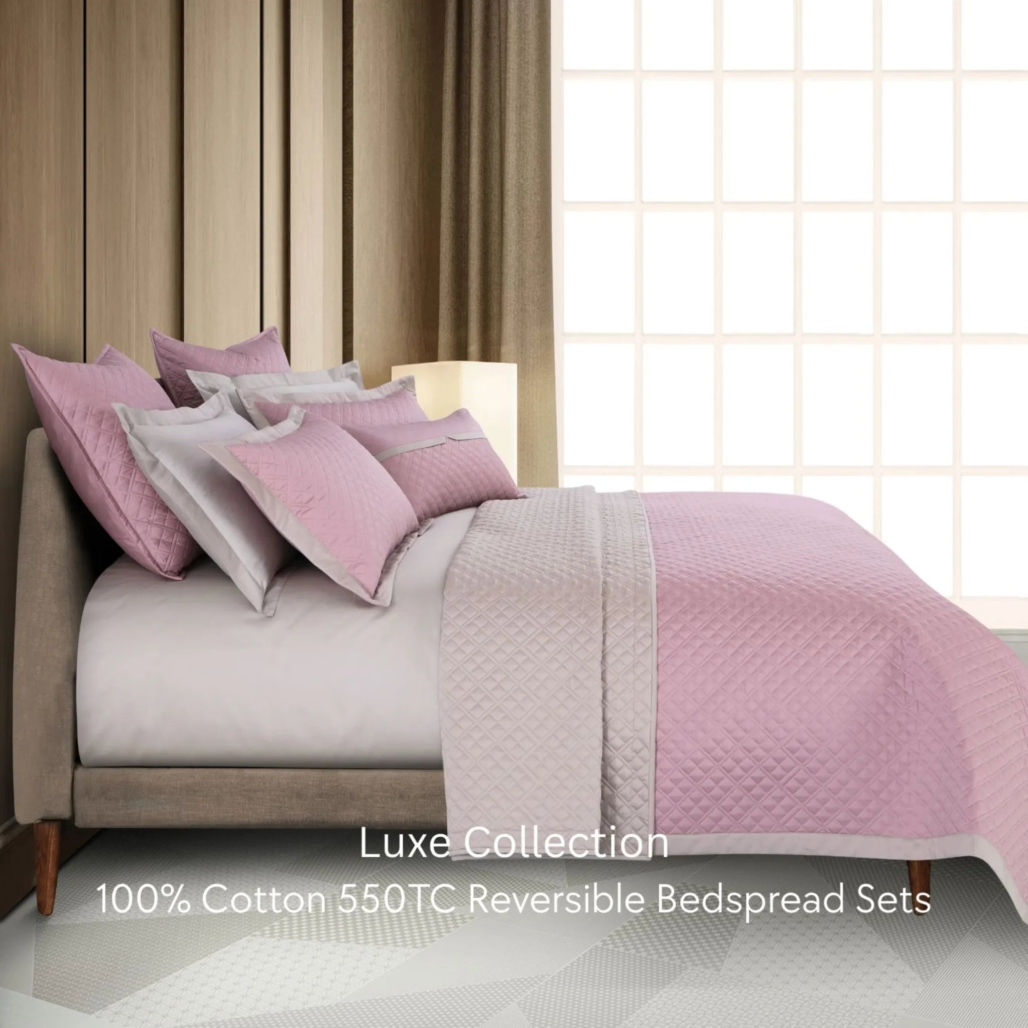 Malako Luxe 550 TC 100% Cotton Pink & Beige Solid King Size Reversible Bedspread Set
