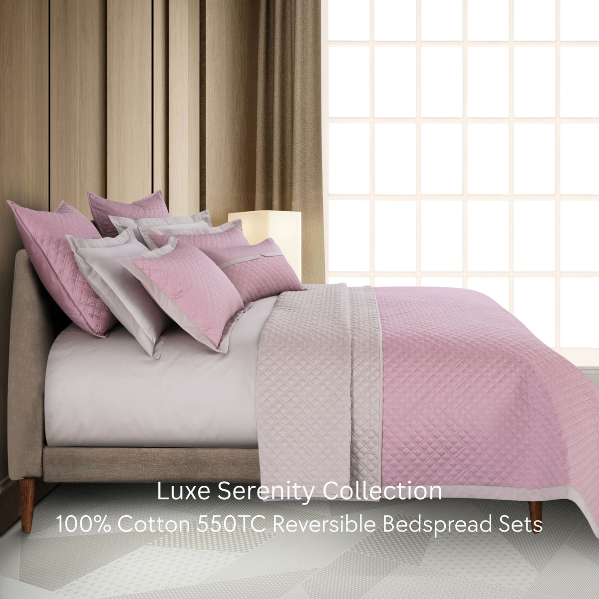 Malako Luxe: Serenity 550 TC 100% Cotton Pink & Beige Solid King Size Reversible Bedspread Set