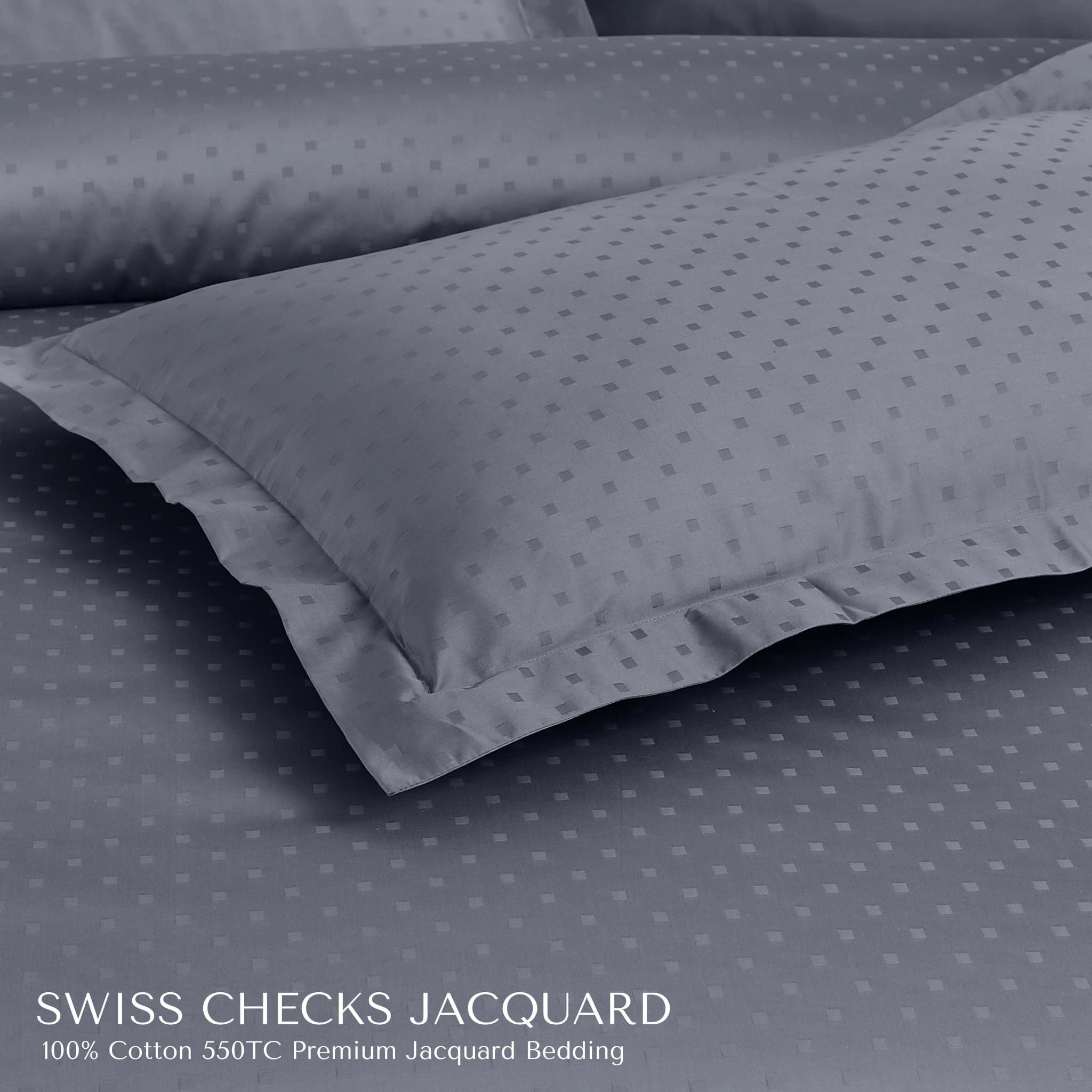Malako Swiss Checks Jacquard Grey 550 TC 100% Cotton King Size 6 Piece Bedding Set