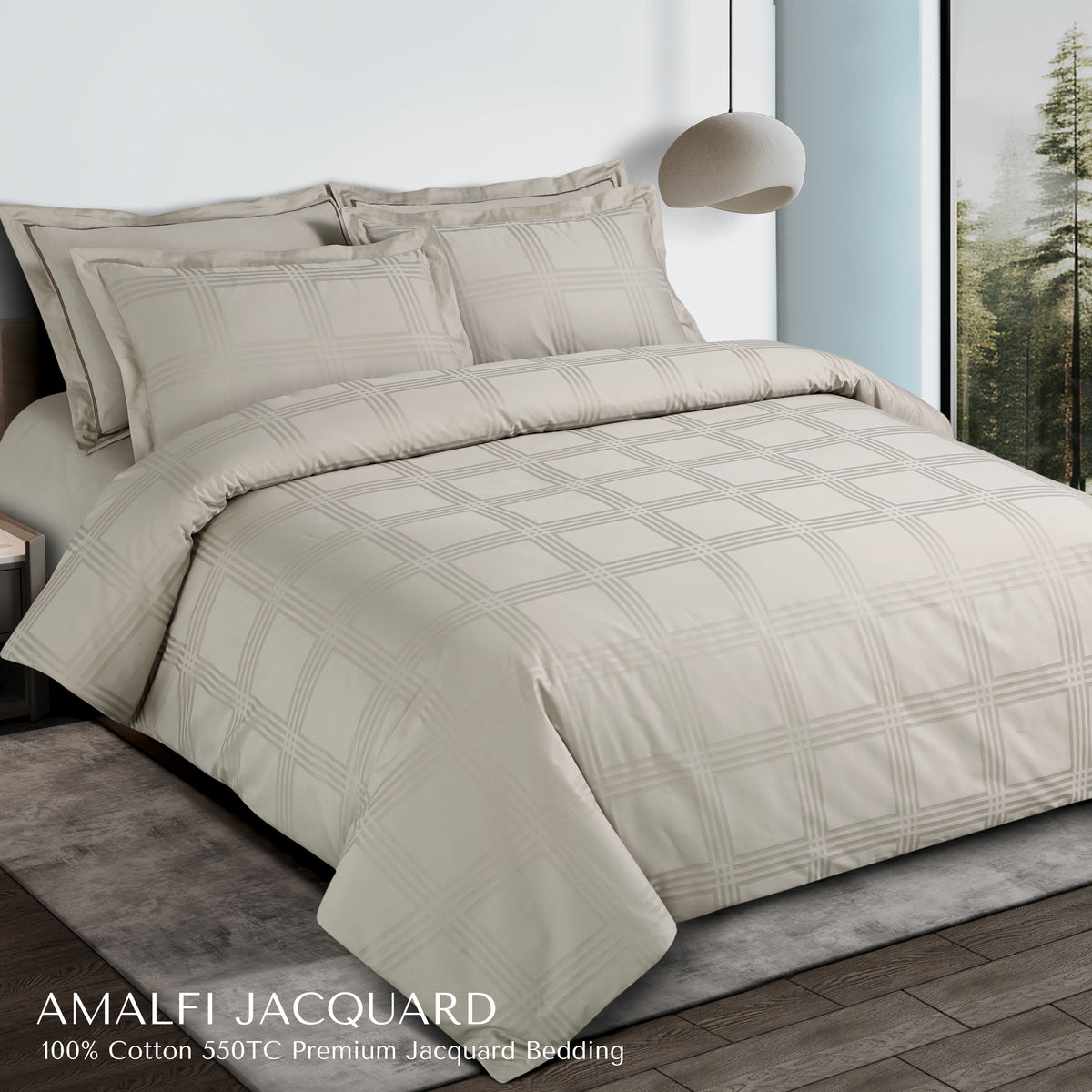 Malako Amalfi Jacquard Olive Beige Checks 550 TC 100% Cotton King Size Bedding Set