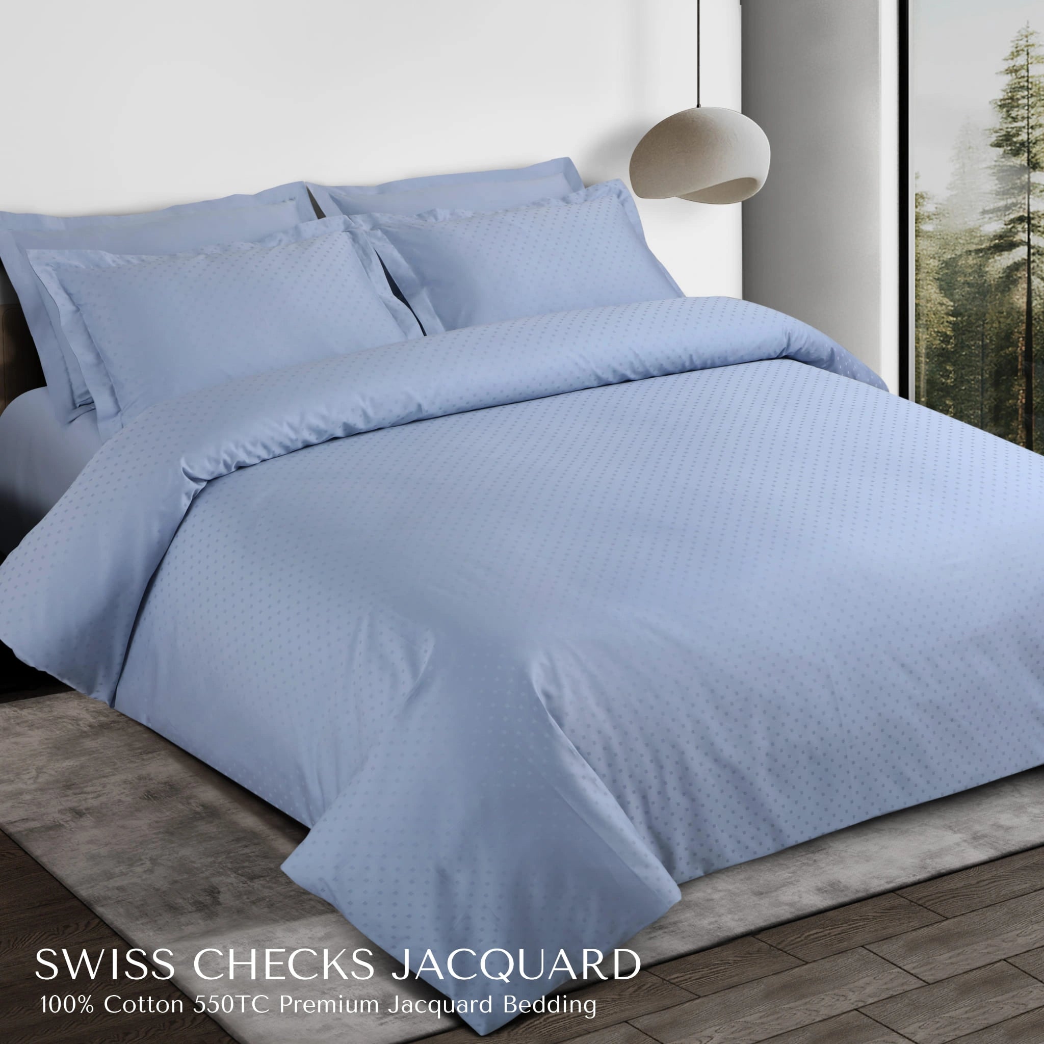 Malako Swiss Checks Jacquard Pigeon Blue 550 TC 100% Cotton King Size Bedding