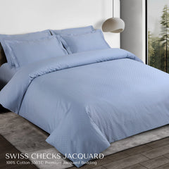 Malako Swiss Checks Jacquard Pigeon Blue 550 TC 100% Cotton King Size Bedding