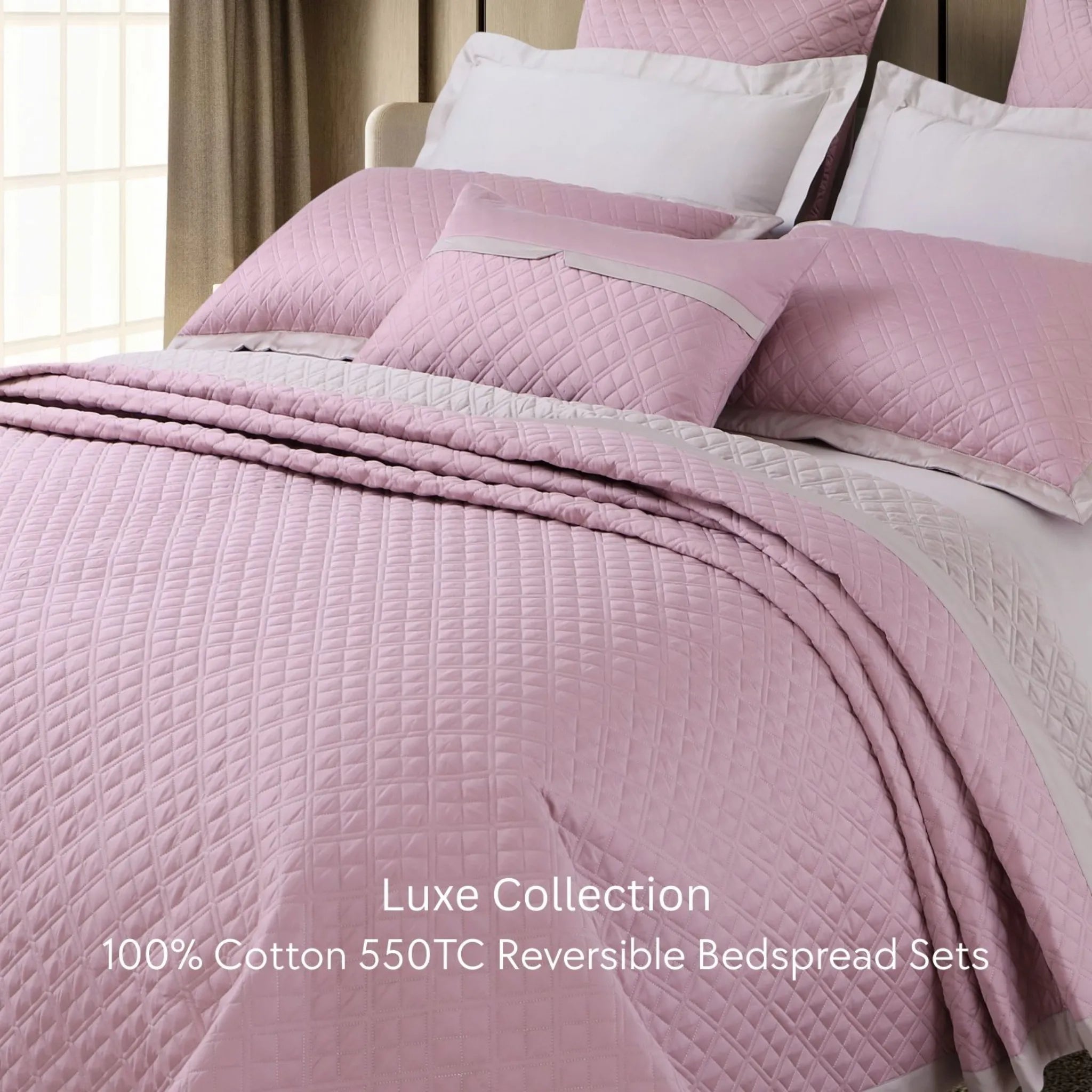 Malako Luxe 550 TC 100% Cotton Pink & Beige Solid King Size Reversible Bedspread Set