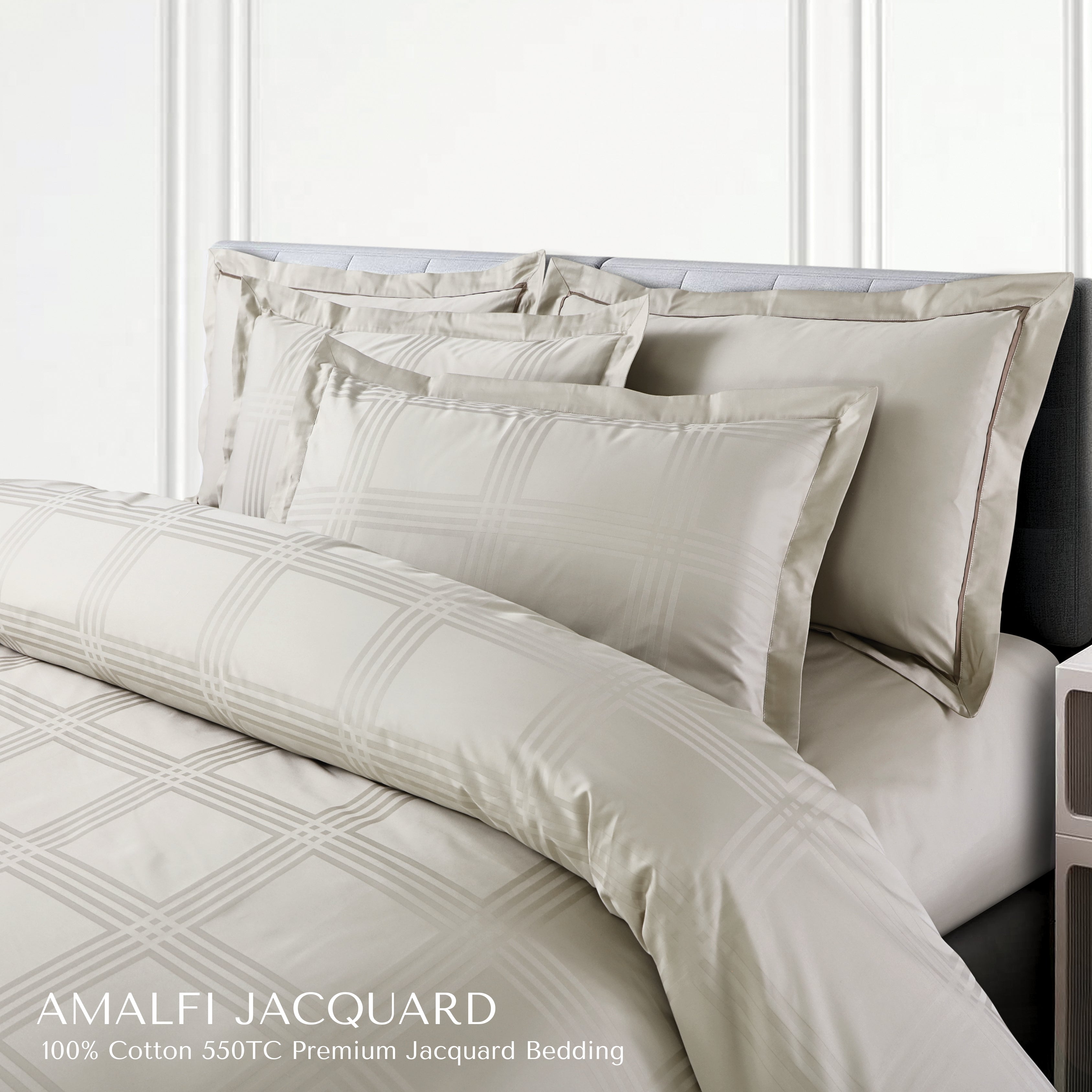 Malako Amalfi Jacquard Olive Beige Checks 550 TC 100% Cotton King Size Bedding Set