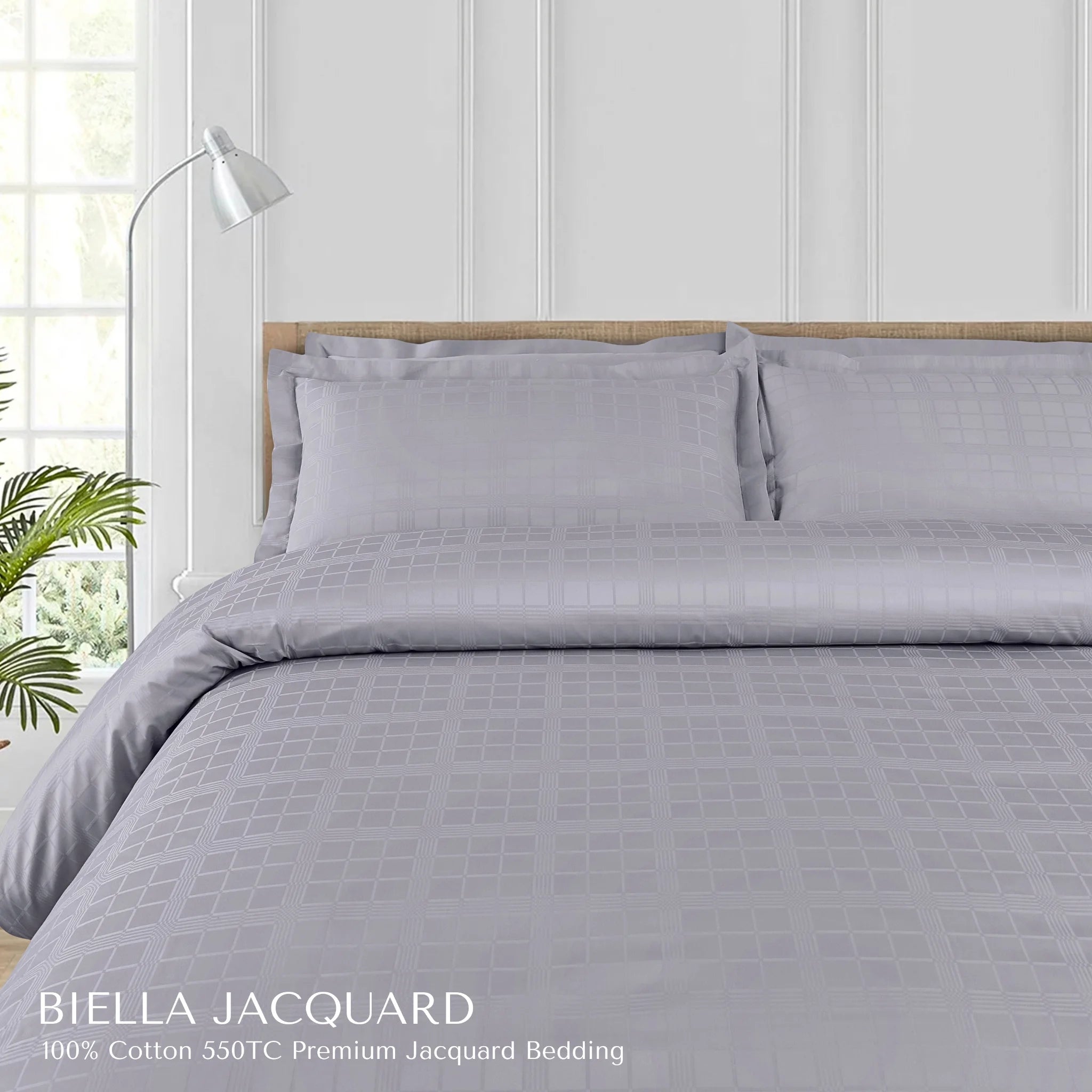 Malako Biella Jacquard Silver Grey Checks 550 TC 100% Cotton King Size Bedding