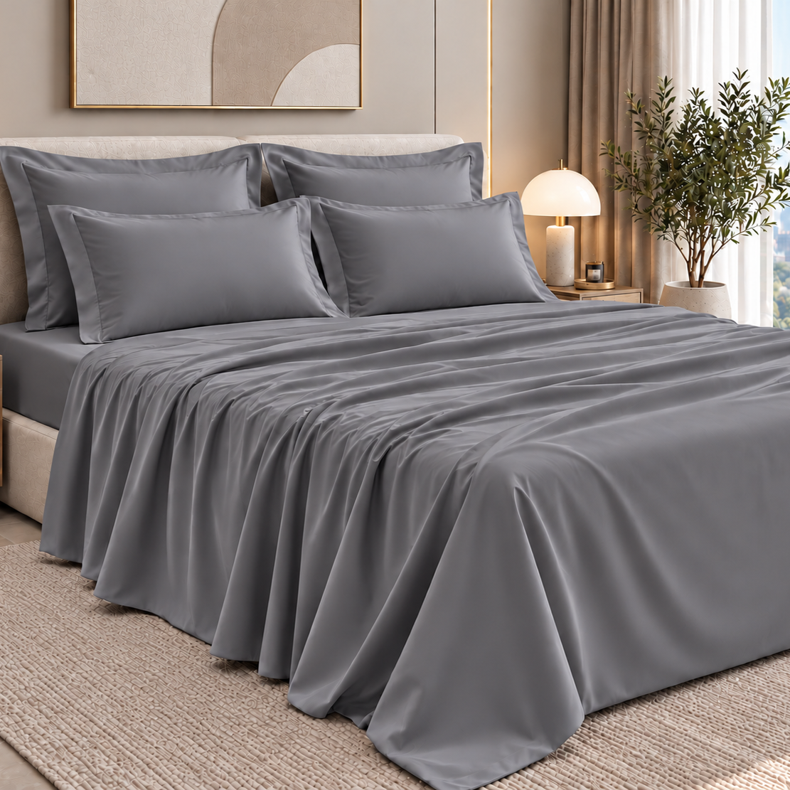 Malako Luxe: Vibrant Collection 550TC Grey 100% Cotton Super King Size Bedding