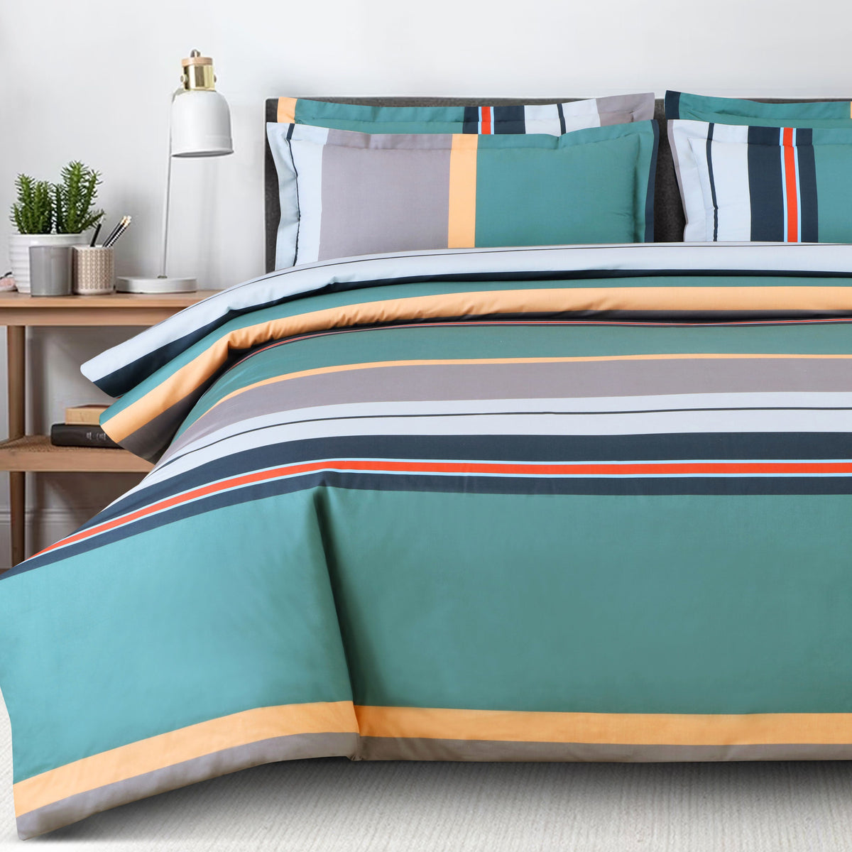 Malako Sion 100% Cotton Green Striped King Size Bedding