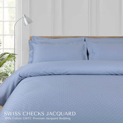 Malako Swiss Checks Jacquard Pigeon Blue 550 TC 100% Cotton King Size Bedding