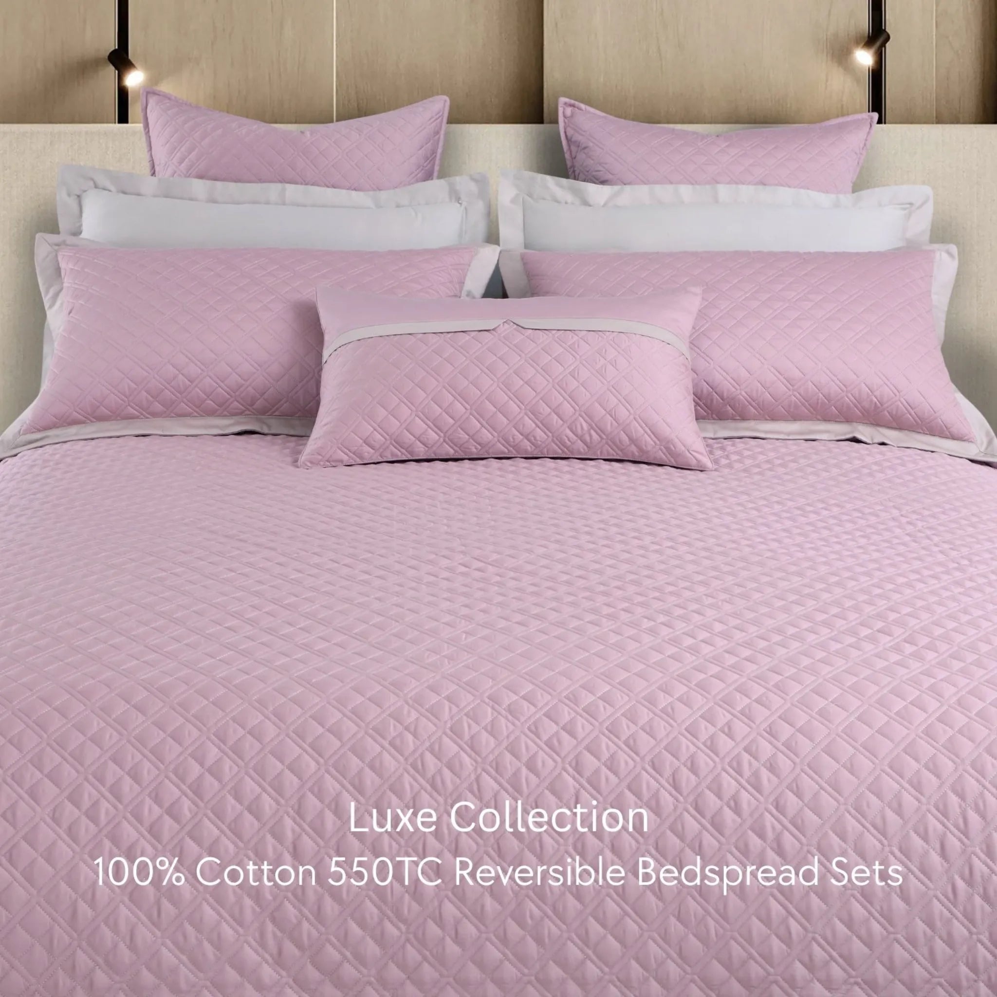 Malako Luxe 550 TC 100% Cotton Pink & Beige Solid King Size Reversible Bedspread Set