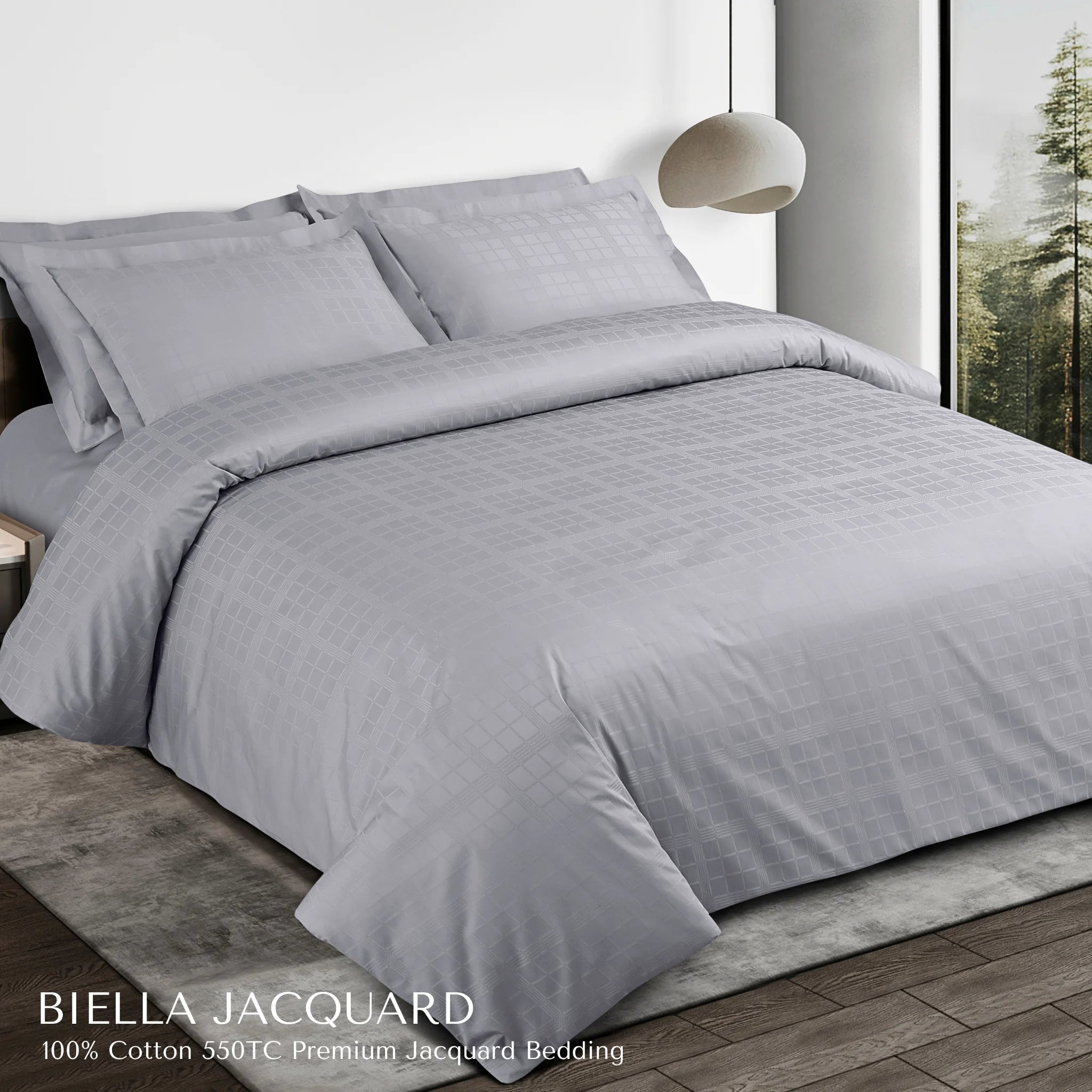 Malako Biella Jacquard Silver Grey Checks 550 TC 100% Cotton King Size Bedding