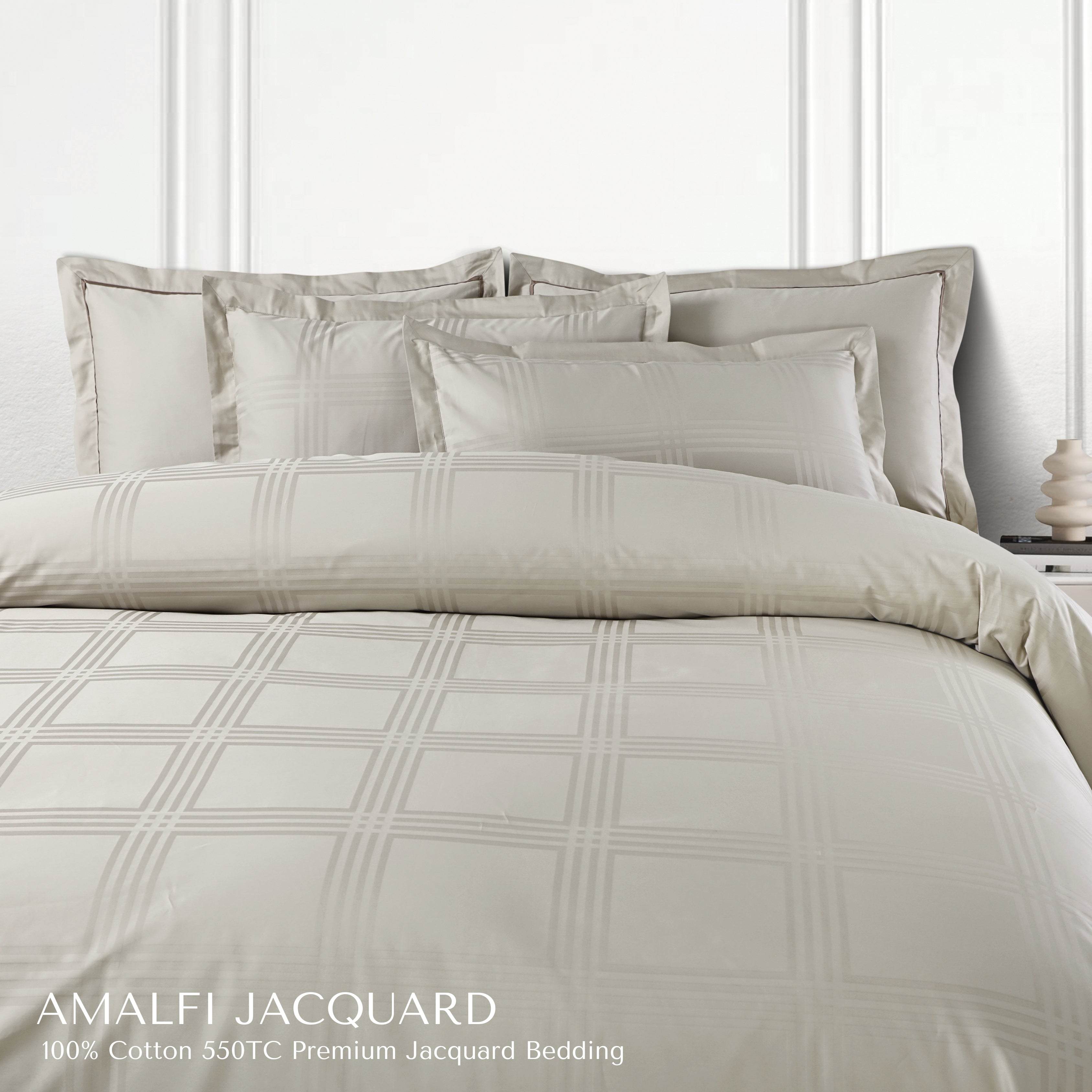 Malako Amalfi Jacquard Olive Beige Checks 550 TC 100% Cotton King Size Bedding Set