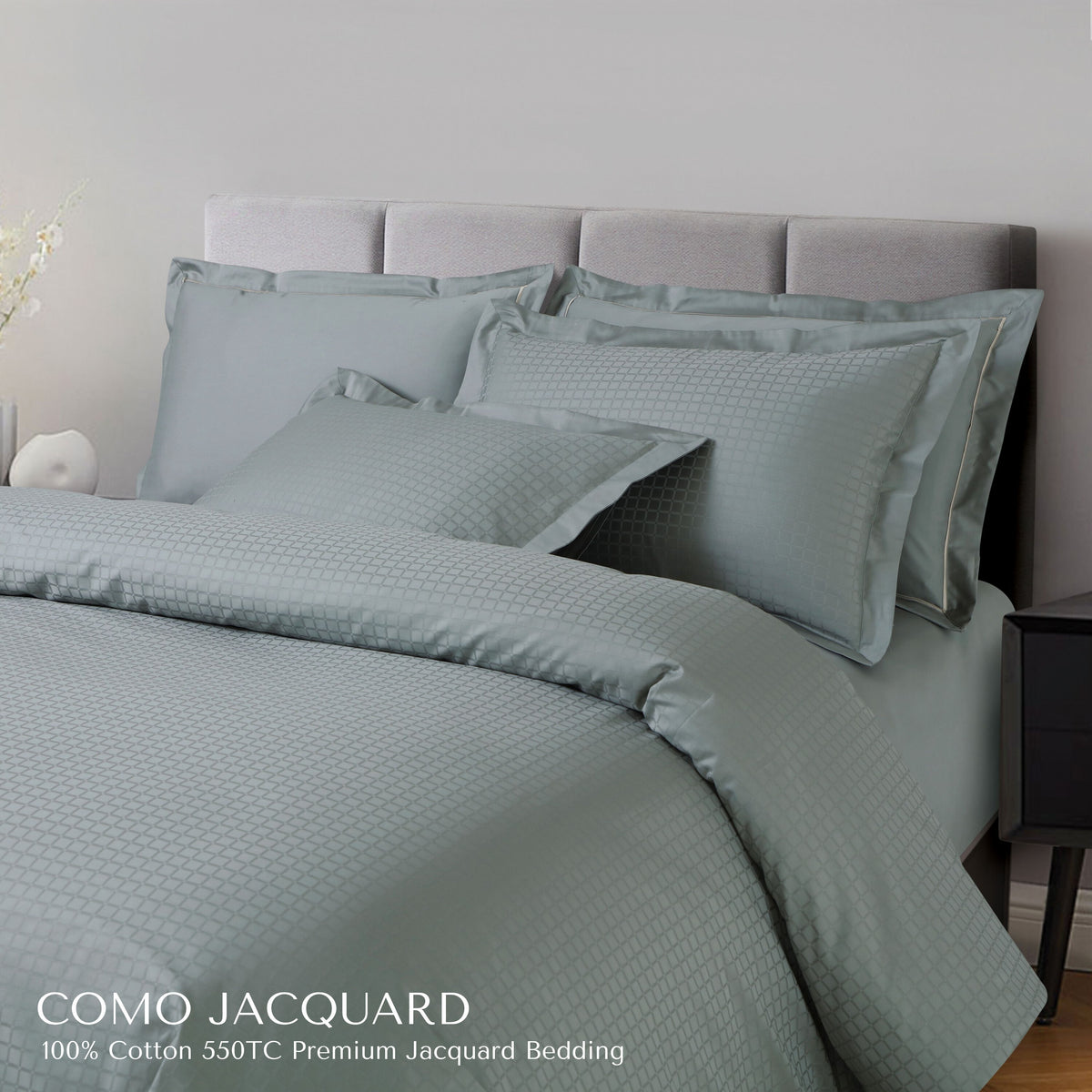 Malako Como Jacquard Olive Green Checks 550 TC 100% Cotton King Size Bedding